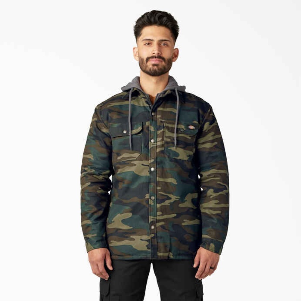 Dickies Water Repellent Duck Hooded Shirt Jacket in Camo